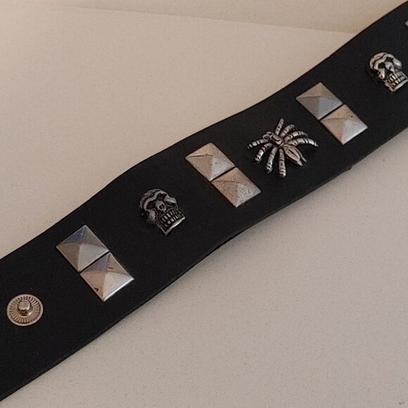 MACABE CUFF BRACELET Costume Jewelry 1.5" Pleather Studs Skulls Spider - Picture 1 of 7